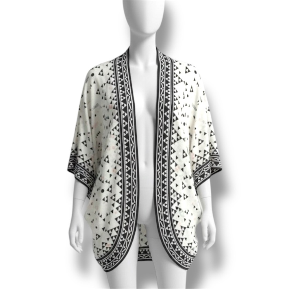 Ecote Boho Patterned Open Front Texture Weave Short Sleeve Kimono Size XS/Small